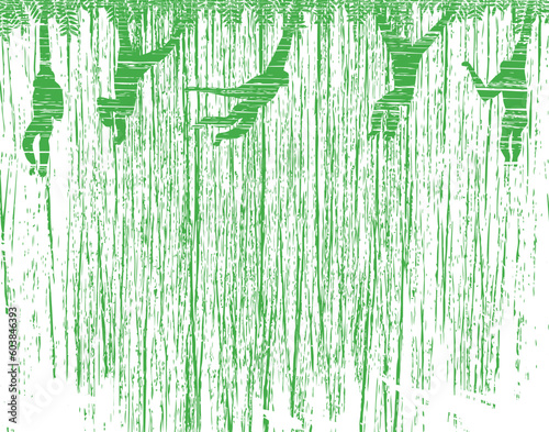 Vector background illustration of gibbons swinging through forest