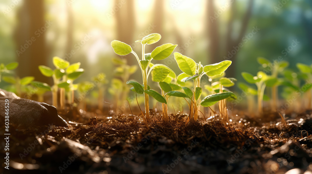 Seedlings growing in the soil under the rays of the sun. A new life is being born. Generative AI Seedlings growing in the soil under the rays of the sun. A new life is being born. Generative AI