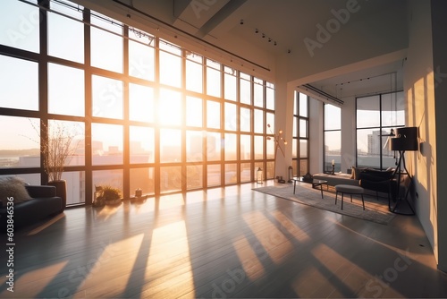 Large windows, modern interior, sun