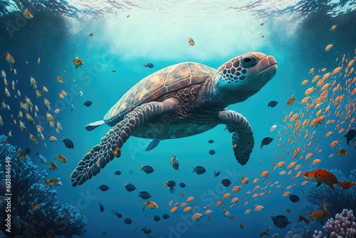 Turtle swimming in the ocean. Created with Generative AI tools