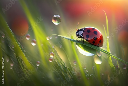 Digital illustration of ladybug on a leaf of grass