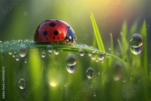 Digital illustration of ladybug on a leaf of grass