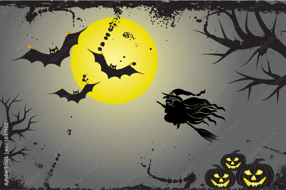 Halloween background with witch, bats and pumpkin, vector illustration