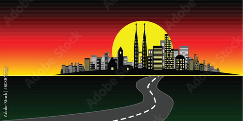 Vector - Brightly lit modern city at sunset.