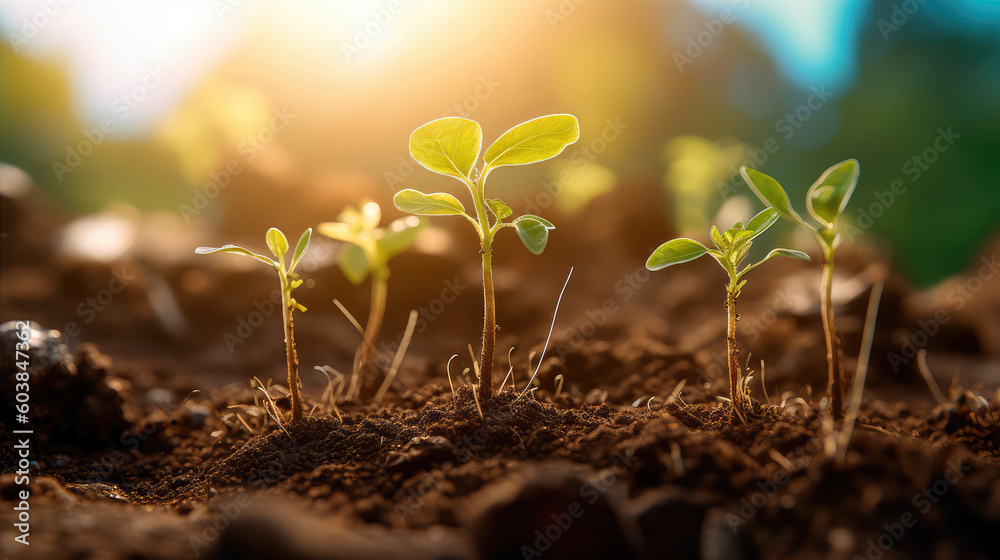 Seedlings growing in the soil under the rays of the sun. A new life is being born. Generative AI Seedlings growing in the soil under the rays of the sun. A new life is being born. Generative AI