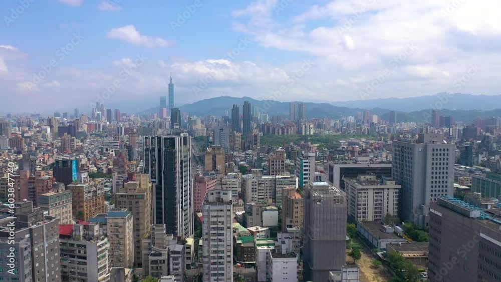 TAIWAN, TAIPEI - MAY, 2023: Aerial drone view of National Chiang Kai shek Memorial Hall in Taipei downtown, Memorial library on the Liberty square. Skyscrapers and high-rise buildings on background. TAIWAN, TAIPEI - MAY, 2023: Aerial drone view of National Chiang Kai shek Memorial Hall in Taipei downtown, Memorial library on the Liberty square. Skyscrapers and high-rise buildings on background.