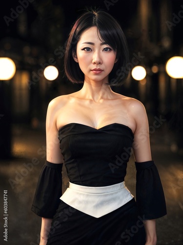 portrait of beautiful asian woman in casual outfit at night, generative AI