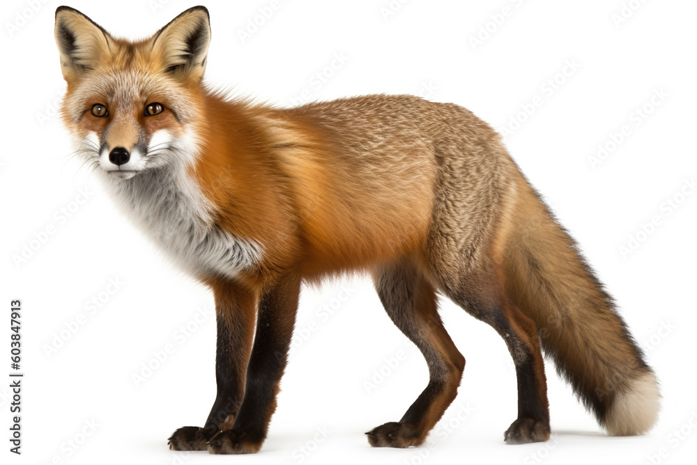 A red fox standing in front of a white background. Generative AI. A red fox standing in front of a white background. Generative AI.