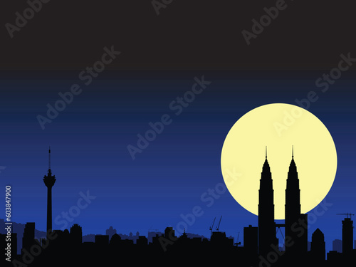 Vector - Brightly lit modern city with the moon in the background.