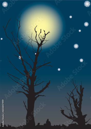 Dead trees on a background of the full moon. A vector illustration. © Designpics