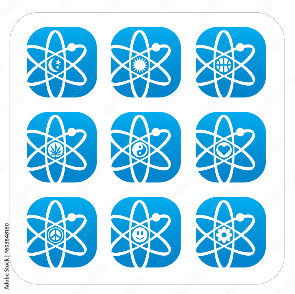Atomic Icons with fun and funky symbols. Easy-edit file.