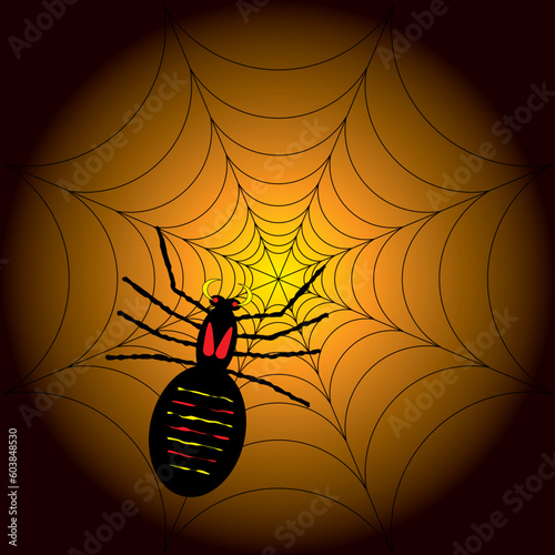 illustration of a halloween spider on its web with a orange and black background