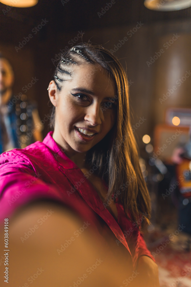 Fototapeta premium Young indie rock band playing the rehearsal before the concert . High quality photo