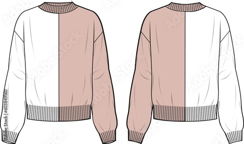 Women's Bicolour Mock Neck Jumper. Technical fashion illustration. Front and back, colored. Women's CAD mock-up.
