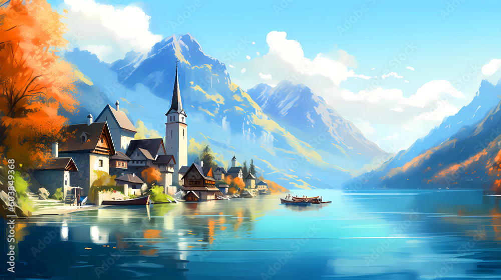 Fototapeta premium Illustration of beautiful view of Hallstatt, Austria