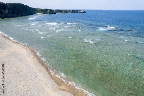 沖縄県国頭郡国頭村辺戸の辺戸岬、宇佐浜の海をドローンで空撮した風景 Aerial drone view of the sea at Cape Hendo and Usahama beach in Hendo, Kunigami-mura, Kunigami-gun, Okinawa, Japan  photo