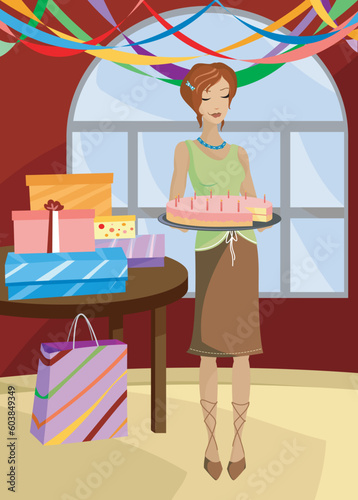 Redhead woman holds a birthday cake, candles lit, presents on the table and streamers hanging from the ceiling... with a piece of the cake missing and a sly smile on her face.  EPS format
