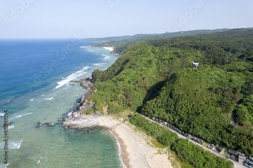 沖縄県国頭郡国頭村辺戸の辺戸岬、宇佐浜の海をドローンで空撮した風景 Aerial drone view of the sea at Cape Hendo and Usahama beach in Hendo, Kunigami-mura, Kunigami-gun, Okinawa, Japan  photo