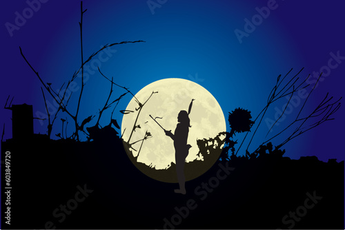 Silhouette of Indian warrior in front of the full moon