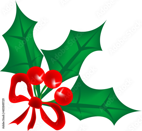 holly leaves and berries tied together with a red ribbon