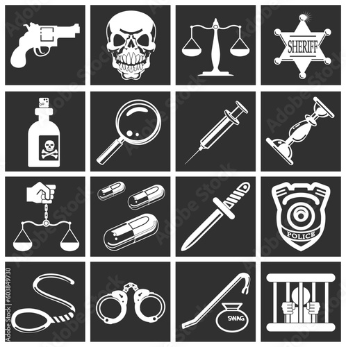 a series of design elements or icons relating to law, order, police and crime