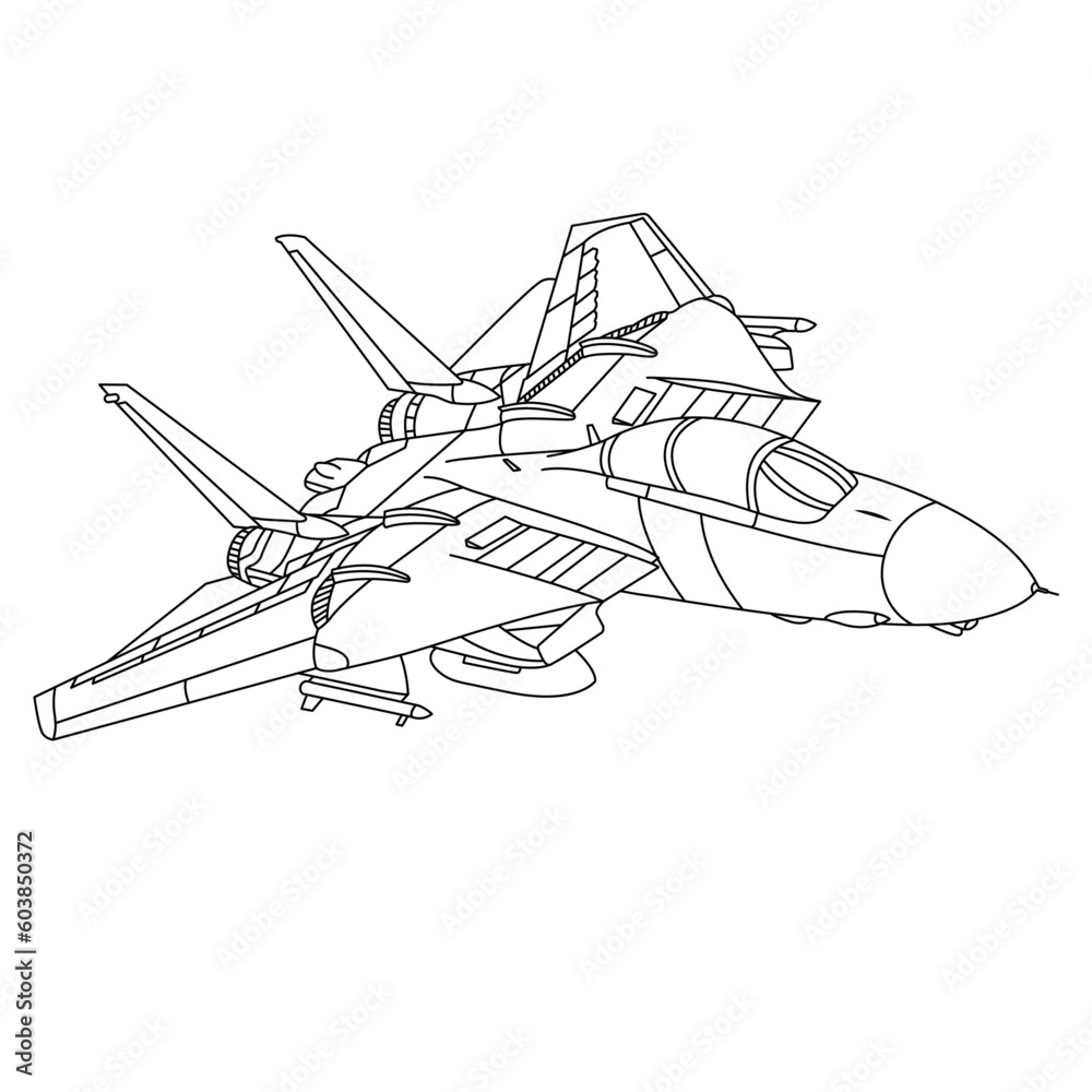 Military Aircraft F14 Tomcat Outline Illustration. Fighter Jet F14