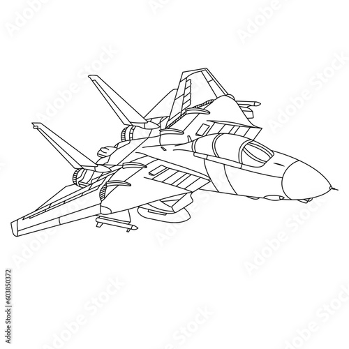 Military Aircraft F-14 Tomcat Outline Illustration. Fighter Jet F14 Coloring Book For Children And Adults. Cartoon Airplane Isolated on White Background. Plane Drawing Line Art Vector Illustration