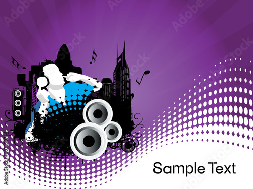 Grunge vector illustration of disc jockey on city background in purple