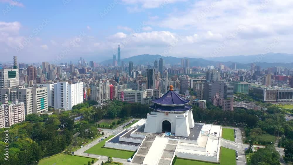 custom made wallpaper toronto digitalTAIWAN, TAIPEI - MAY, 2023: Aerial drone view of National Chiang Kai shek Memorial Hall in Taipei downtown, Memorial library on the Liberty square. Skyscrapers and high-rise buildings on background.