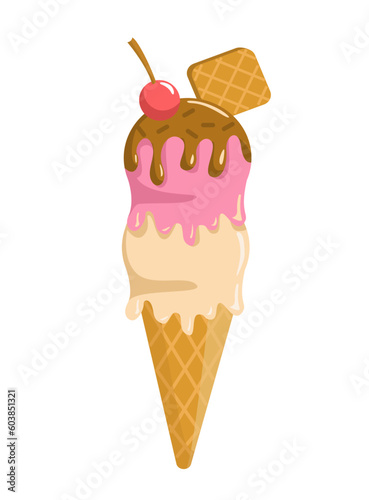 Ice cream concept. Wafer cone with two colorful balls and topping. Cold and frozen dessert and delicacy. Sticker for social networks and instant messengers. Cartoon flat vector illustration