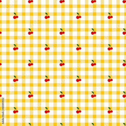  Gingham seamless pattern, yellow, white and cherry fruit drawing. Can be used to decorate fashion clothes. Bedding, curtains, tablecloths