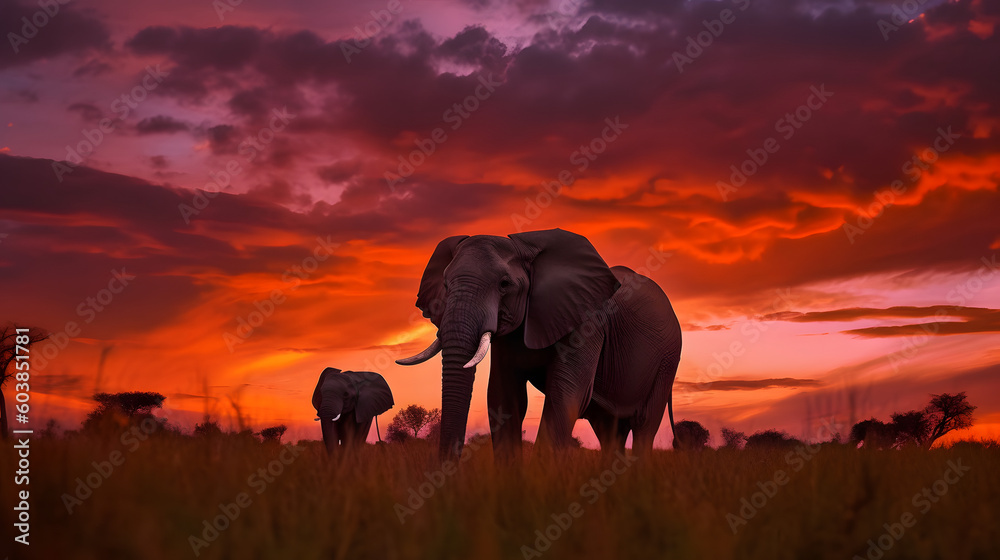 Fototapeta premium Elephant sunset in Africa. Two big elephant with tusk and red orange evening light on the sky clouds, Okavango in Botswana. Africa nature, travel in Botswana.