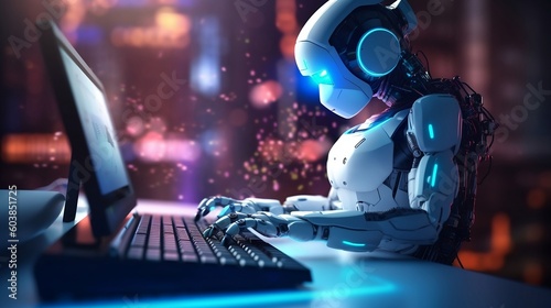 Artificially intelligent robot typing on a computer in the dark Generative AI