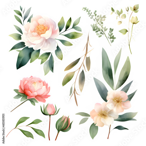 Watercolor floral illustration elements set 