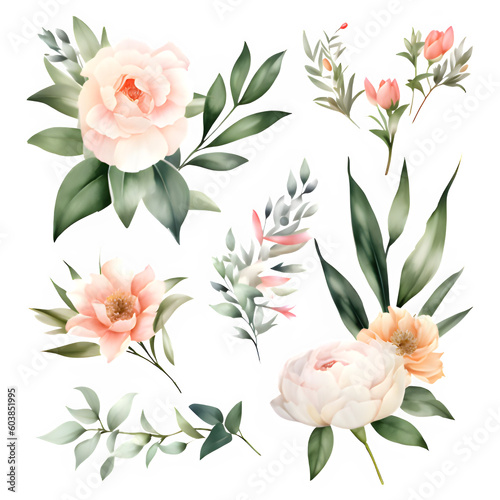 Watercolor floral illustration elements set 