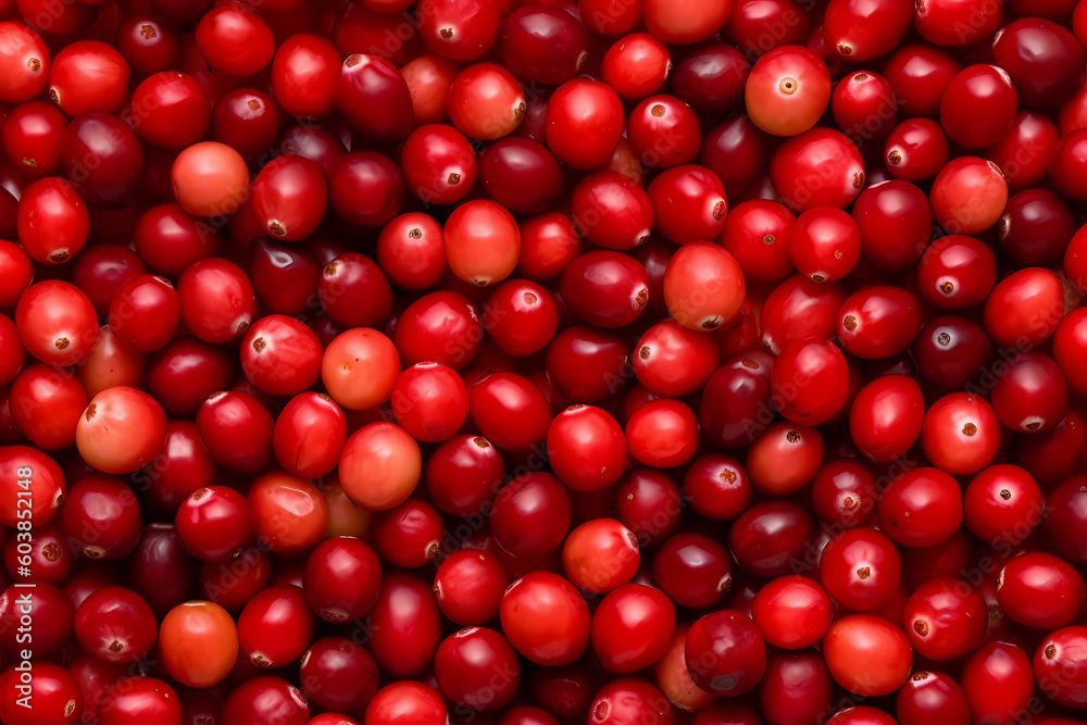 Fresh cranberries filling the entire frame, food background, generative AI Fresh cranberries filling the entire frame, food background, generative AI