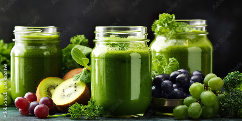 A table topped with jars filled with green smoothie. Generative AI. Glass and jars with green smoothie. A table topped with jars filled with green smoothie. Generative AI. Glass and jars with green smoothie.