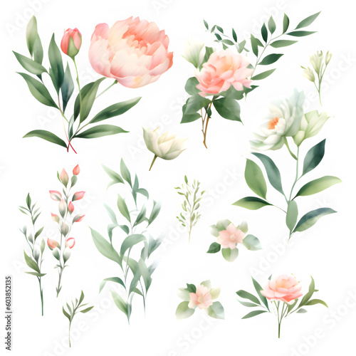 Watercolor floral illustration elements set 