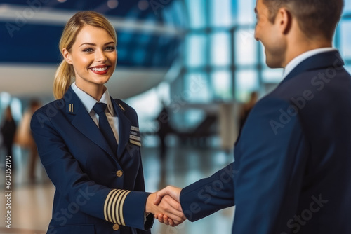 Corporate people greeting air hostess and pilot a t terminal. Business travel and luxury. Generative AI