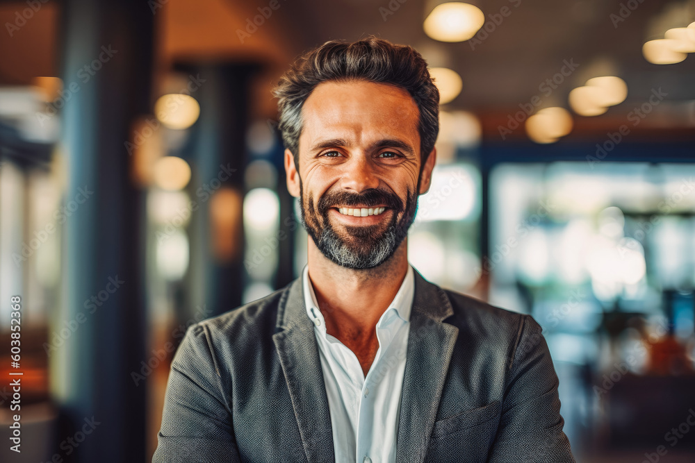 Obraz premium Portrait of handsome CEO smiling. Confident young business man entrepreneur. Generative AI