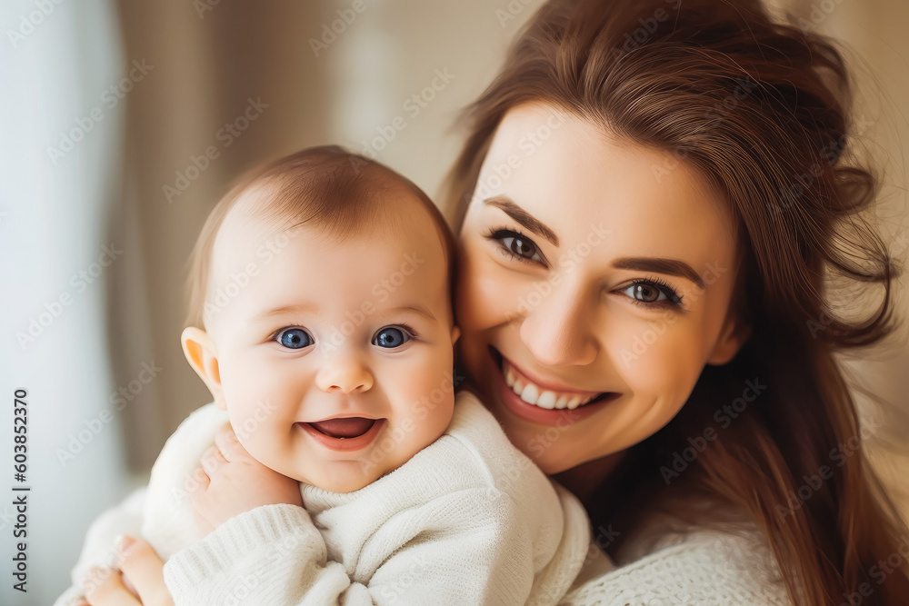 Portrait of happy mother and baby with white background. Motherhood and family concept. Generative AI
