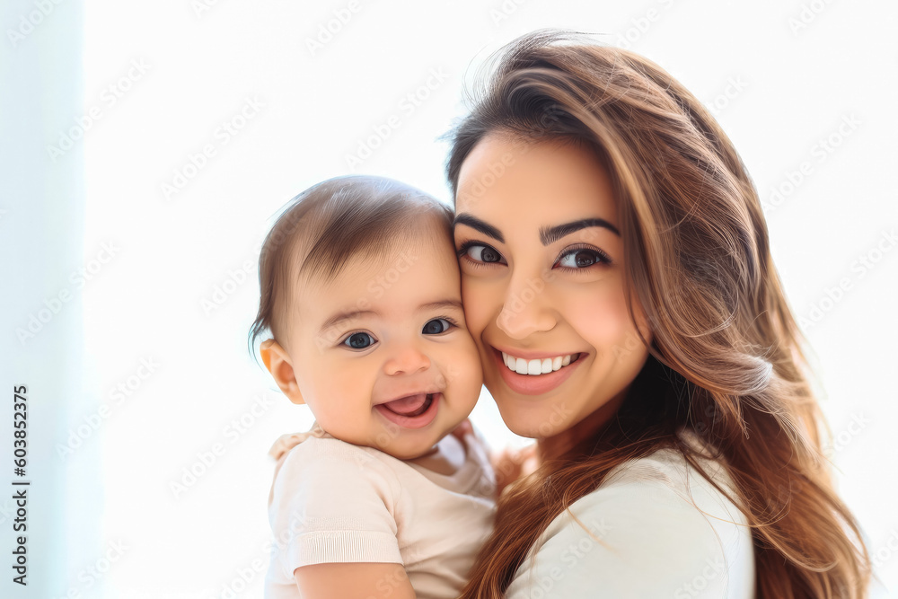 Portrait of happy mother and baby with white background. Motherhood and family concept. Generative AI Portrait of happy mother and baby with white background. Motherhood and family concept. Generative AI