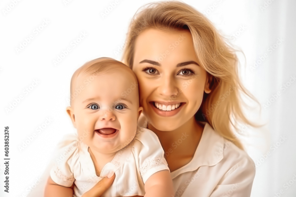 Portrait of happy mother and baby with white background. Motherhood and family concept. Generative AI Portrait of happy mother and baby with white background. Motherhood and family concept. Generative AI