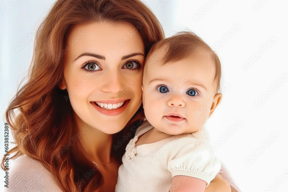 Portrait of happy mother and baby with white background. Motherhood and family concept. Generative AI Portrait of happy mother and baby with white background. Motherhood and family concept. Generative AI