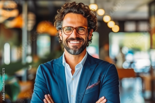 Portrait of handsome CEO smiling. Confident young business man entrepreneur. Generative AI © VisualProduction
