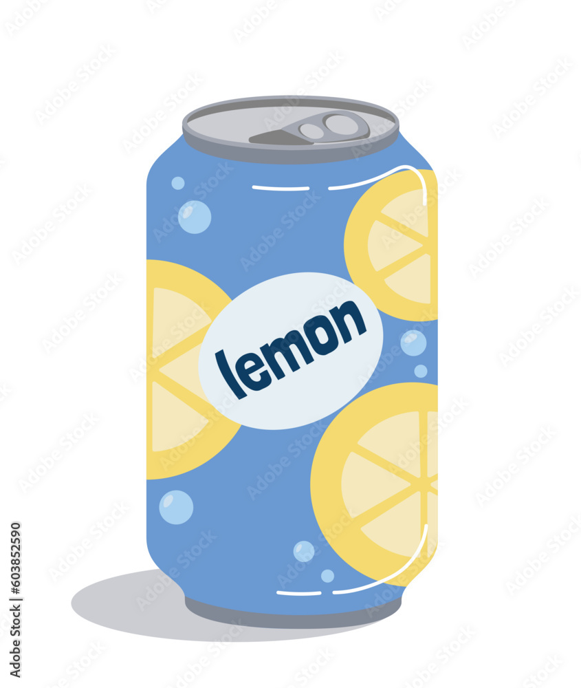 Fototapeta premium Soda aluminum can lemon. Refreshing drink, symbol of hot weather and summer season. Advertising and marketing. Poster or banner for website. Cartoon flat vector illustration