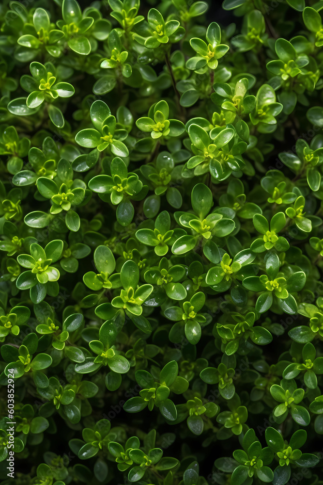Fresh green thyme leaves filling the entire frame, fresh herbs, generative AI Fresh green thyme leaves filling the entire frame, fresh herbs, generative AI