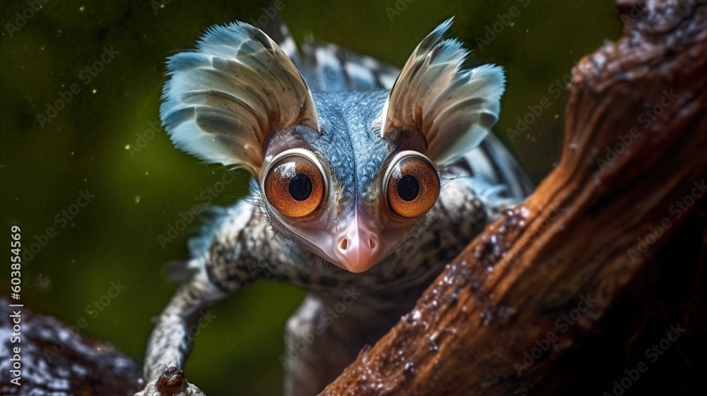 A fantasy beast with a blue head and big eyes looks at the camera Generative AI