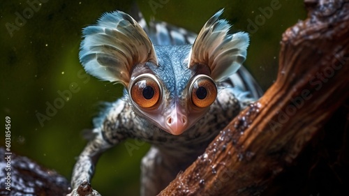 A fantasy beast with a blue head and big eyes looks at the camera Generative AI