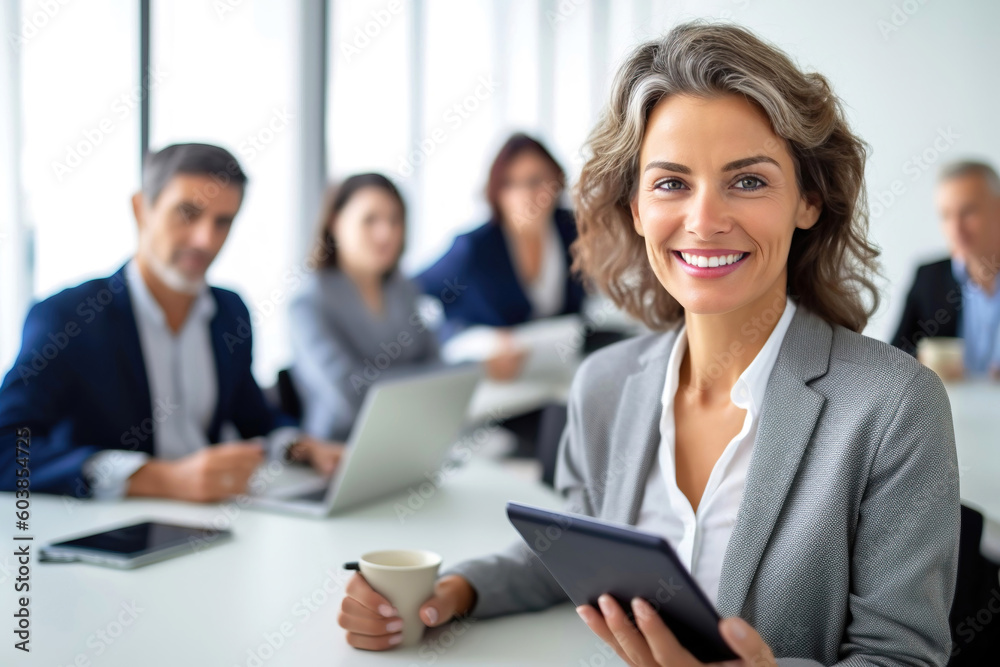 Business woman holding a tablet, middle-aged woman in meeting room, female leader, career woman, conference, generative ai Business woman holding a tablet, middle-aged woman in meeting room, female leader, career woman, conference, generative ai